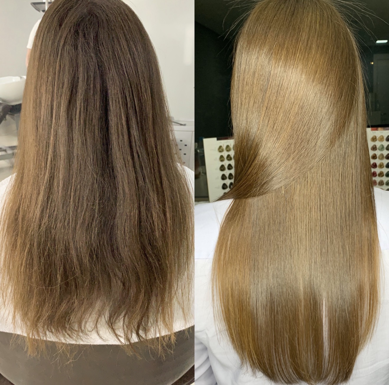 Antes e depois real do protocolo Harmony Hair em cabelo castanho claro