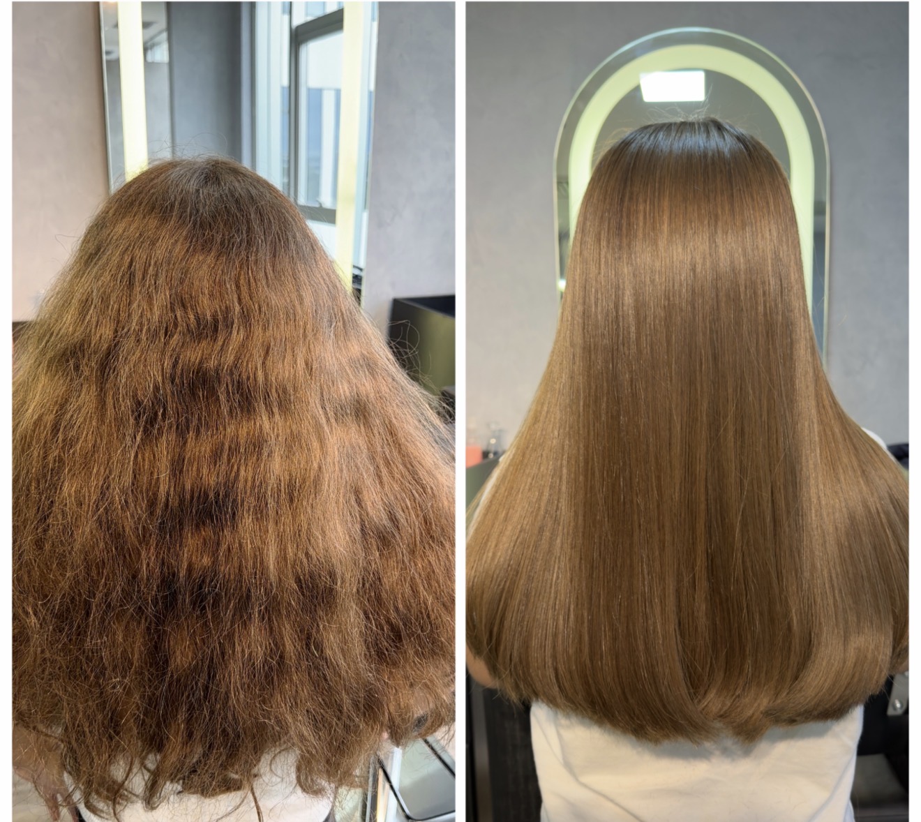 Antes e depois real do protocolo Harmony Hair em cabelo castanho com volume