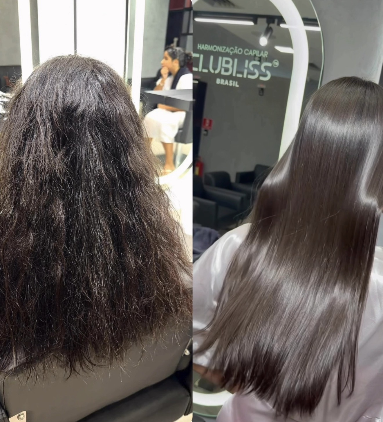 Antes e depois real do protocolo Harmony Hair em cabelo castanho escuro